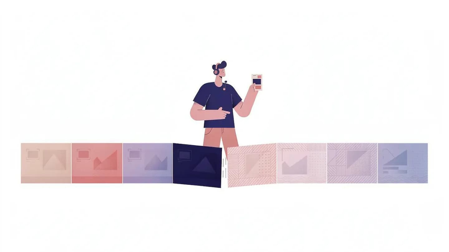 Illustration of a timeline mixing two visually different clip styles converging on a colourist holding a reference card