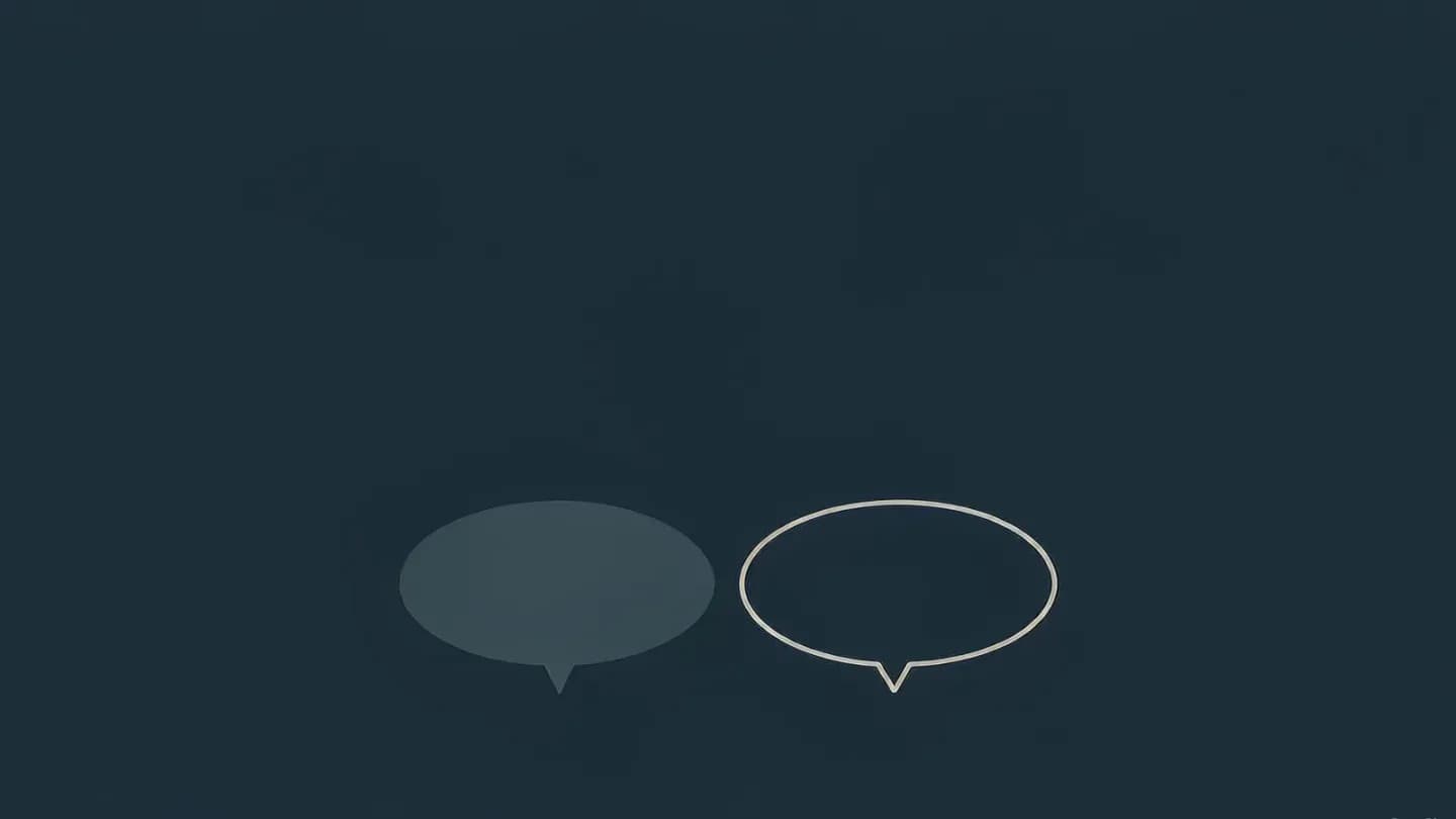Two rounded speech bubble shapes on a deep navy field, the left filled in slate grey and the right a thin pale outline
