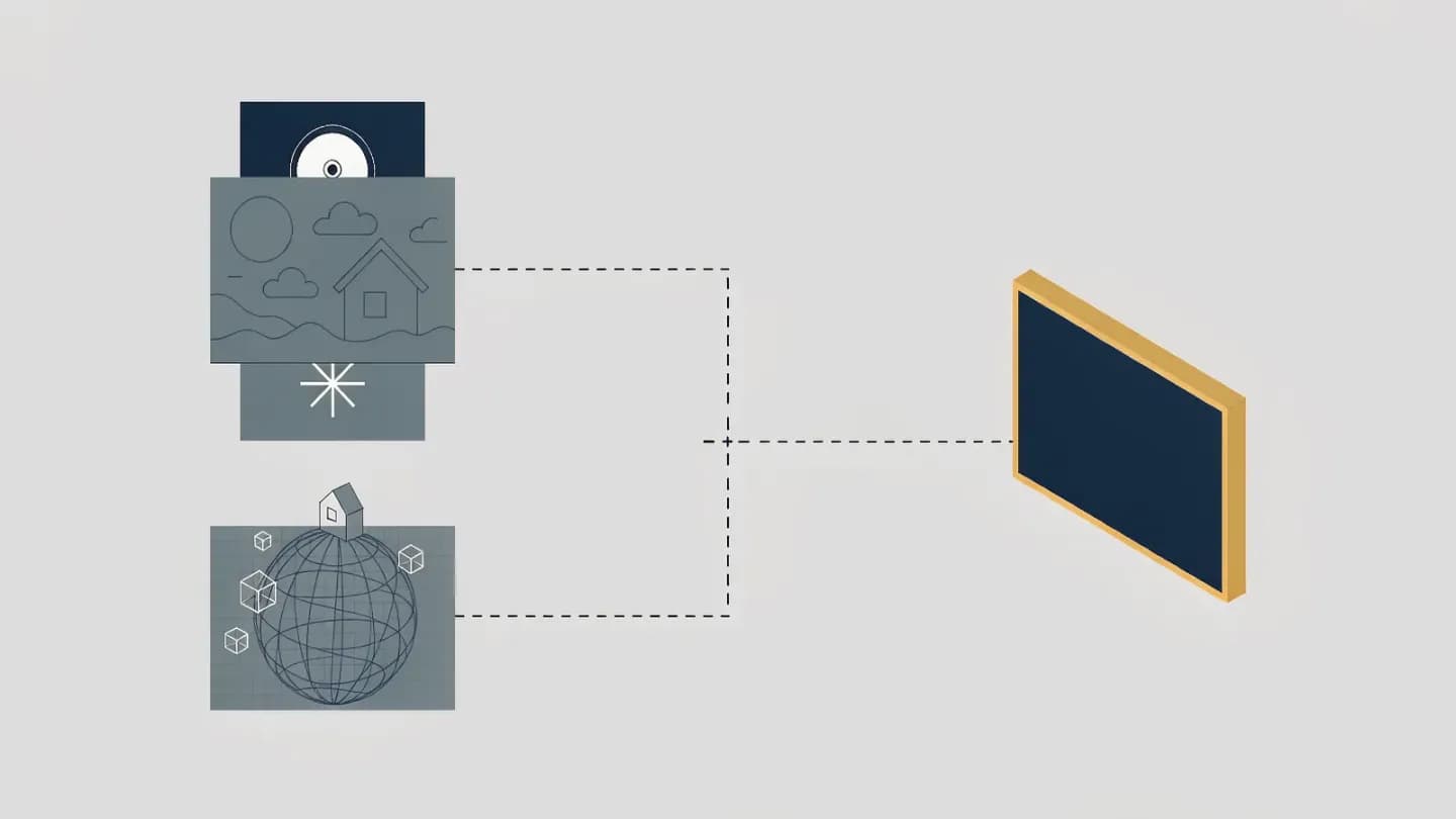 Flat vector diagram of an animation pipeline forking into a 2D drawing track and a 3D mesh track before rejoining at a finished screen