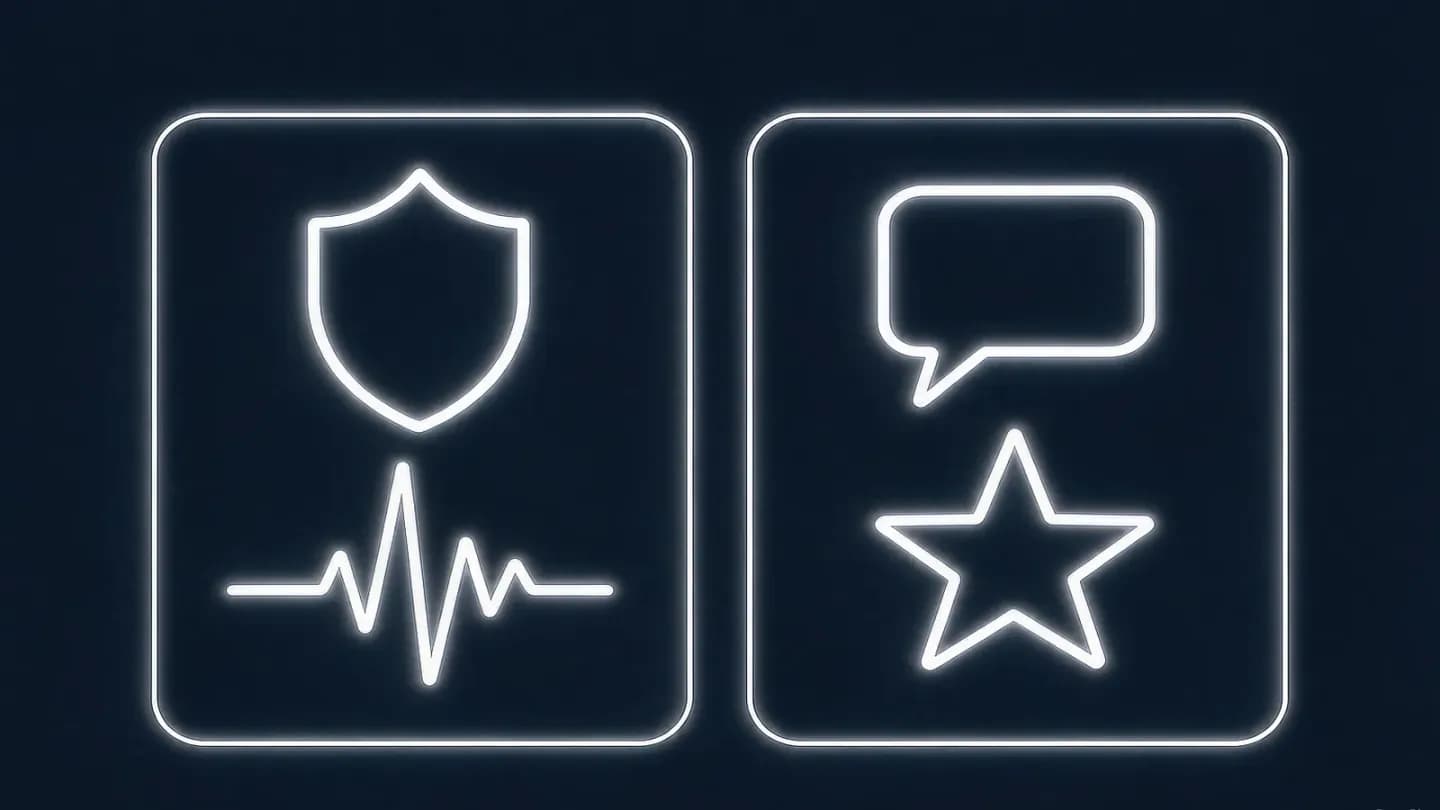 Flat schematic on a dark navy background split into two outlined cards: a shield and pulse line on the left, a speech bubble and star on the right, marking the two zones where human creative still outperforms.