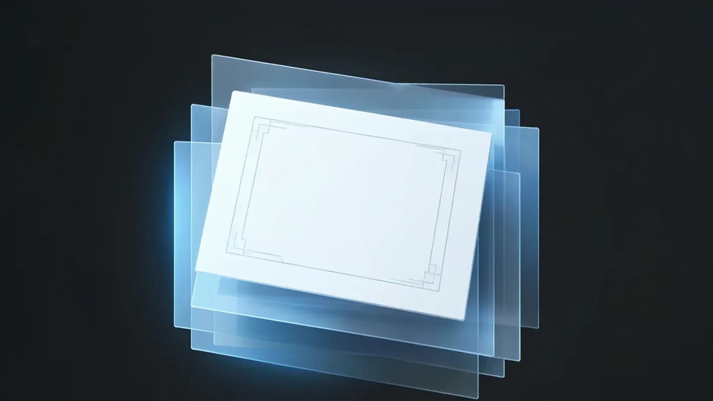 Stacked translucent planes showing a generated video plate separated from a blank type layer above it