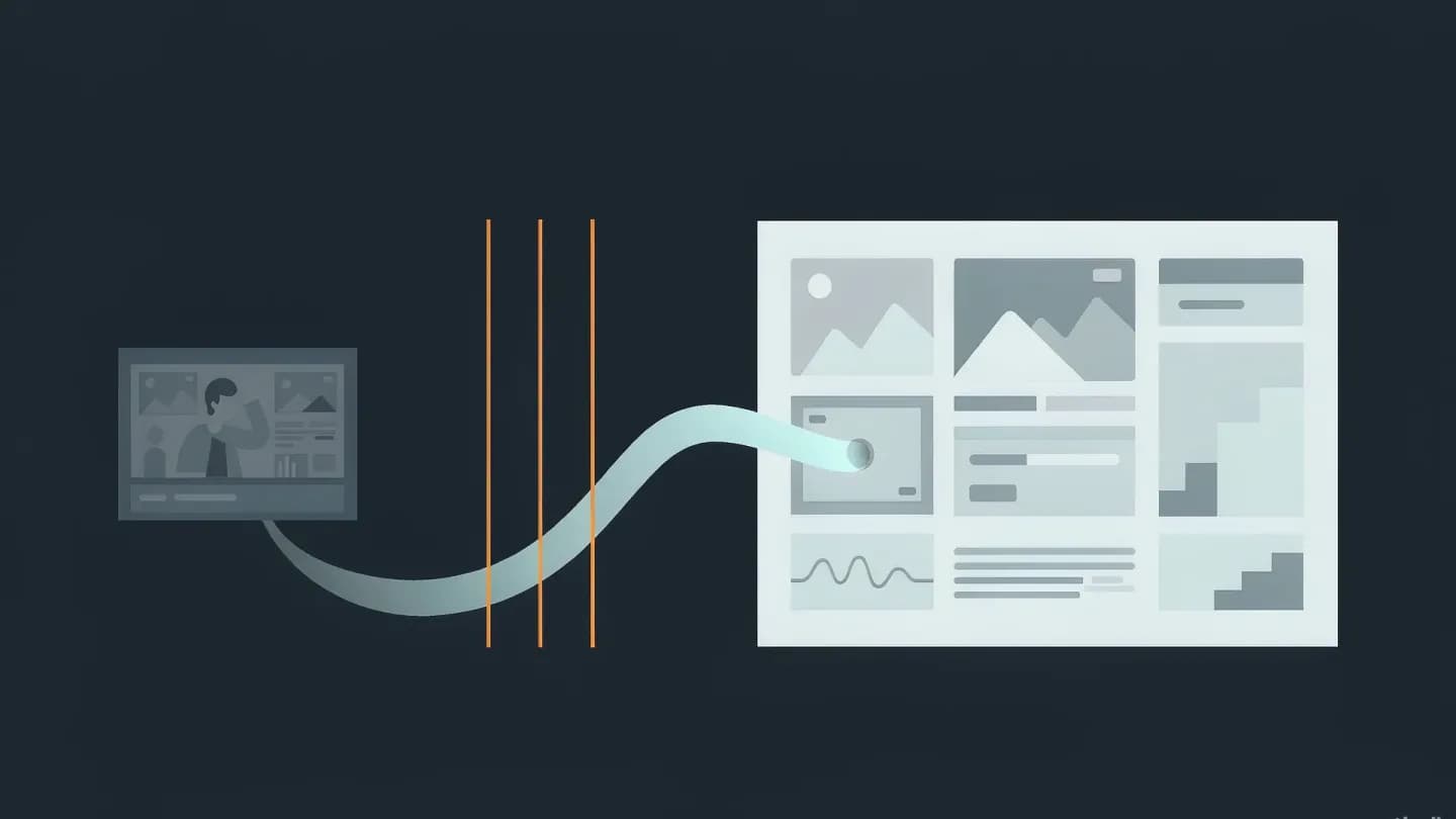 Editorial illustration of a creator clip passing three amber authorization gates into a paid-media frame on dark navy