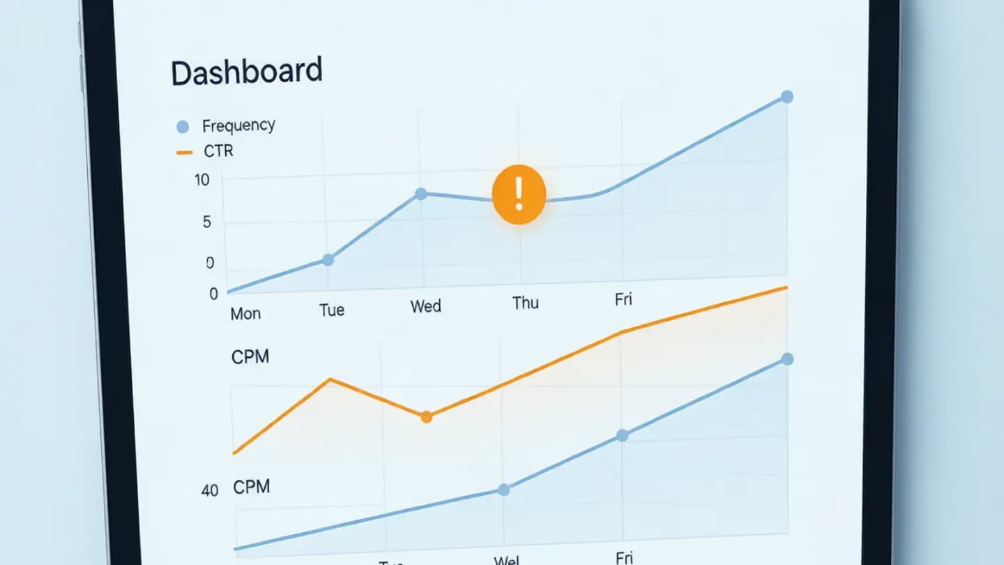 Analytics dashboard showing UGC creative fatigue signals crossing