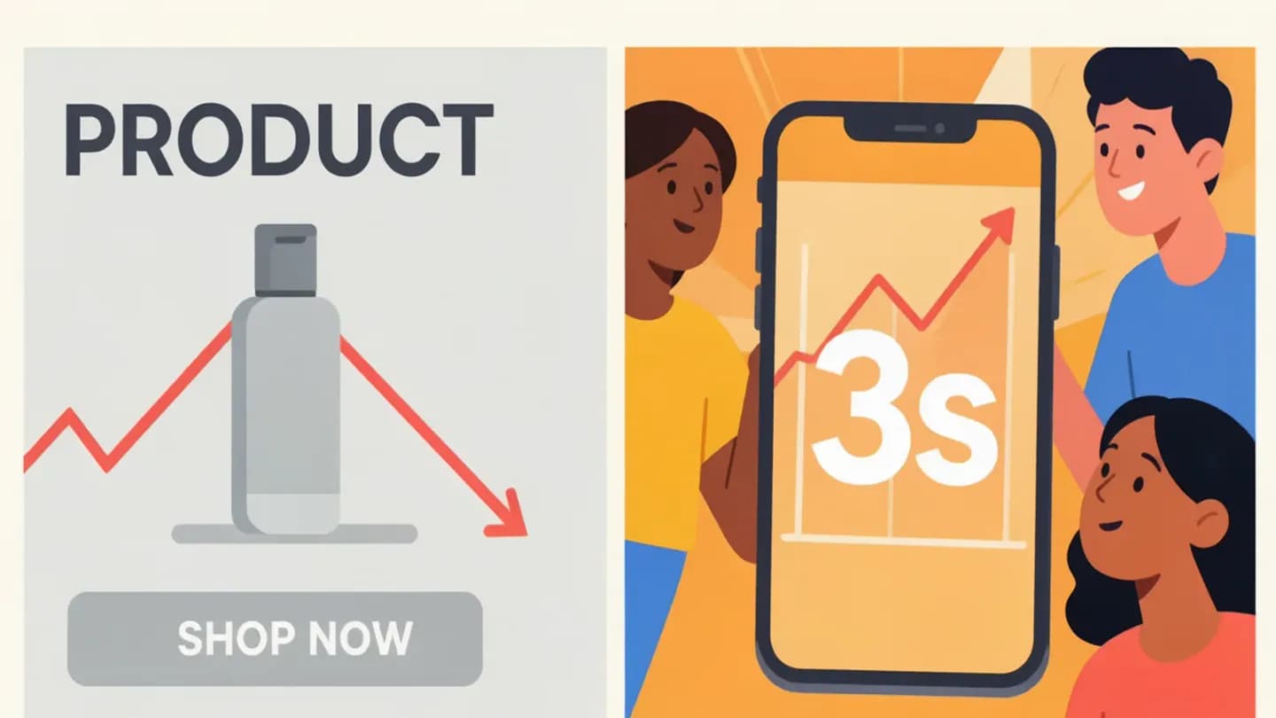 Comparison of a weak static ad versus a high-retention UGC hook with a three-second timer