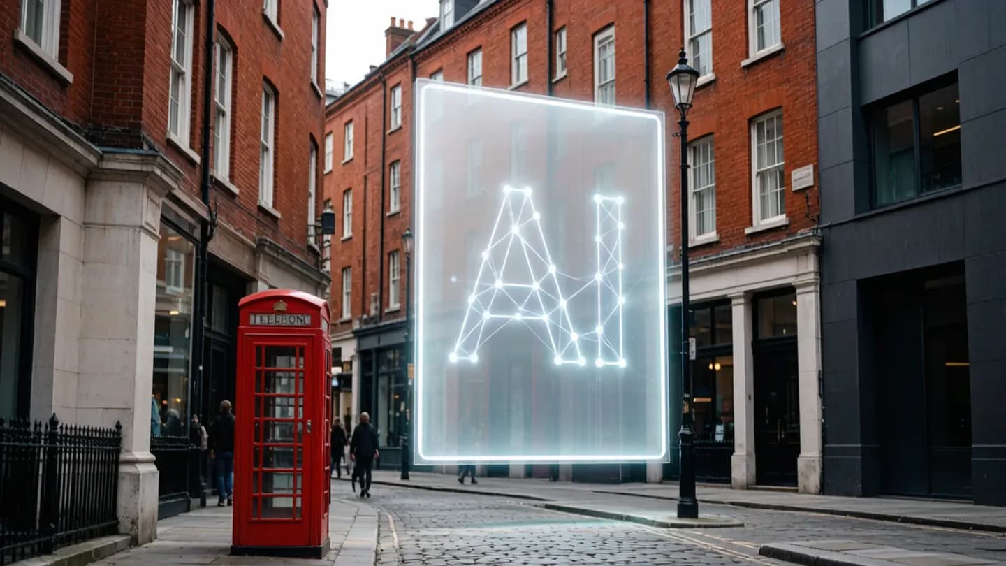 A London street with red telephone boxes beside a glowing billboard marked AI, symbolising regulated AI-generated advertising