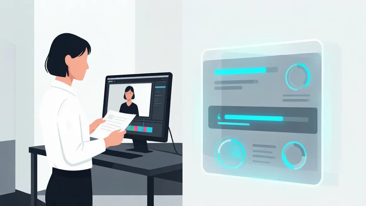 Split-screen illustration of a human art director reviewing a frame beside an AI generation interface