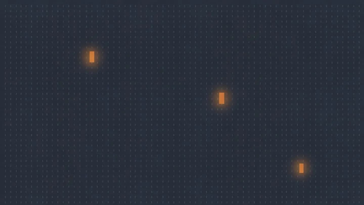 Flat abstract illustration of a wide field of tiny dim rectangles with a few large glowing ones on a dark navy field
