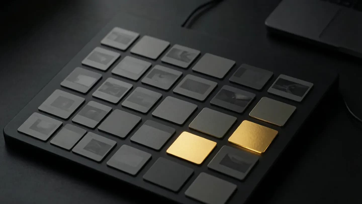 A grid of muted video thumbnails with a few glowing gold as selected winners