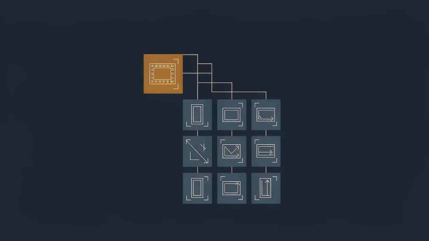 One large amber creative tile branching into a three-by-three grid of smaller variant tiles on a navy background