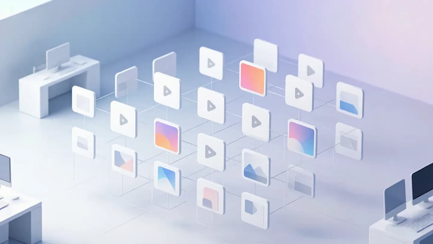 An isometric grid of many short-video ad cards above a marketing command center