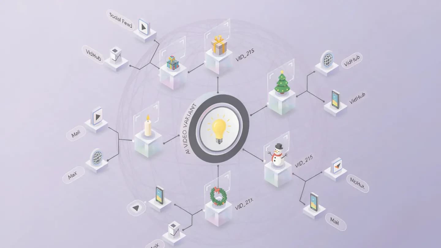 Diagram of a holiday AI video variant tree branching into platform-specific cuts