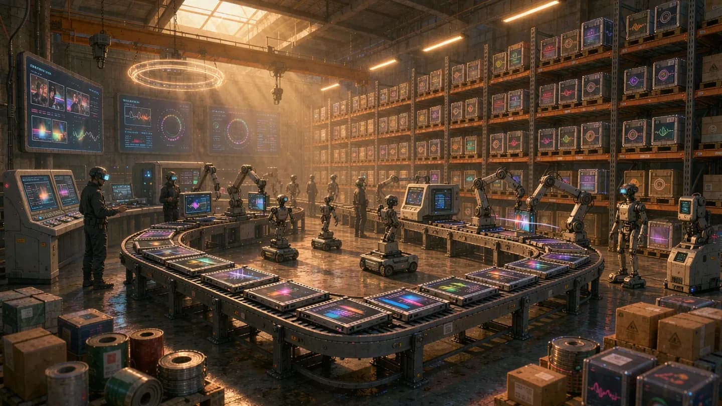 A factory floor where AI video creative variants are assembled and tagged like products