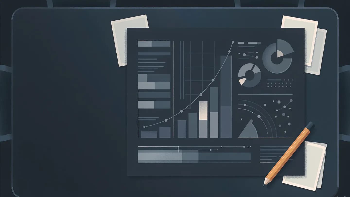 Flat vector overhead illustration of a meeting table where one oversized navy chart card covers most of the surface while five thin pale cards sit at the edges