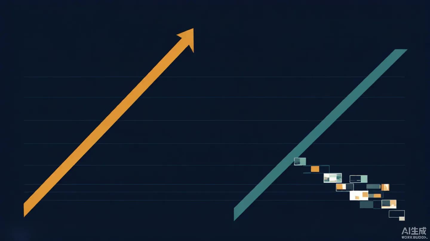 Two diverging lines on a dark chart, one rising and one falling, with abstract video frames drifting away from the falling line