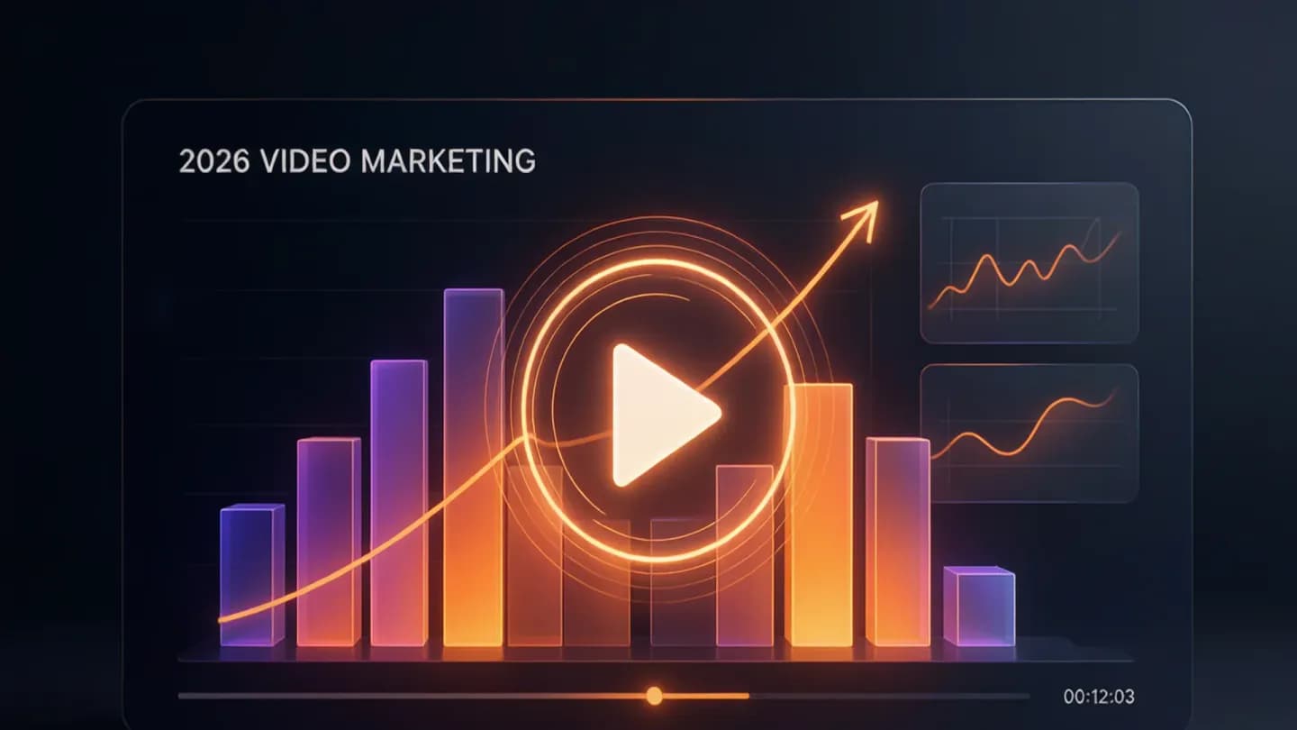 A 2026 video marketing dashboard with rising charts and a play-button motif.