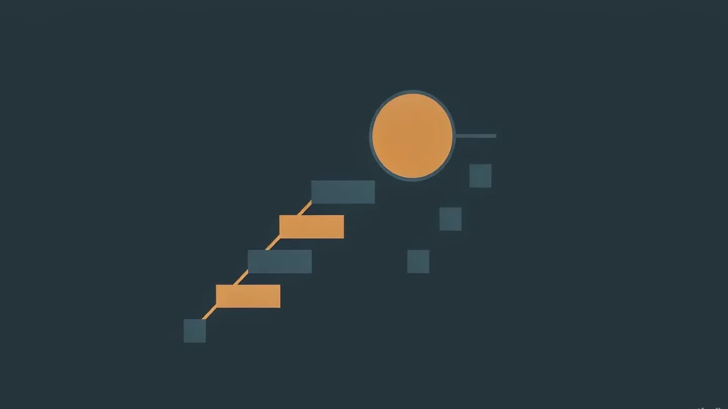 Abstract flat illustration: an ascending staircase of amber and slate blocks crossing a dark navy field, with a large amber circle resting near the top of the climb and three smaller slate blocks trailing behind at lower heights.