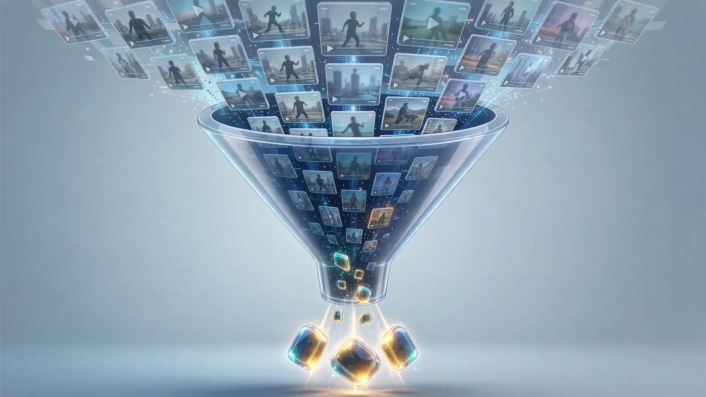 Funnel showing many generated clips narrowing to few usable assets