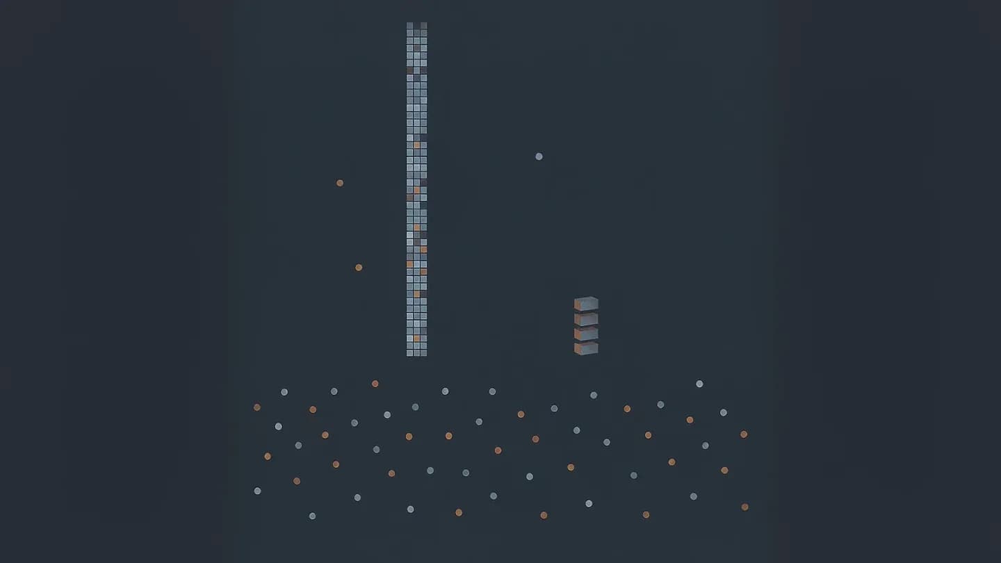 Flat abstract illustration of a tall bar made of small squares beside a short thin bar on a dark navy field