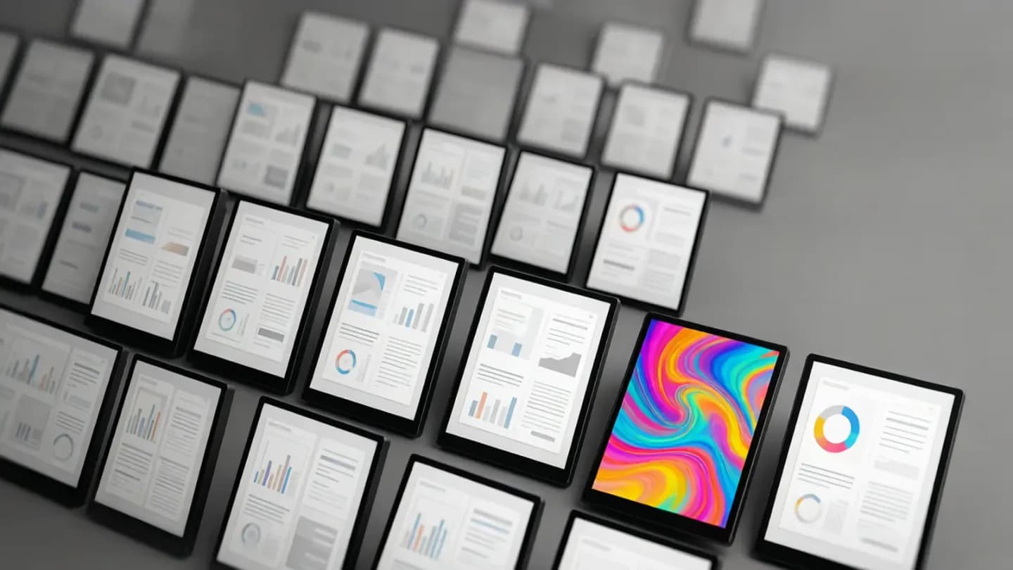 Grid of repetitive synthetic ad thumbnails with one distinctive creative standing apart