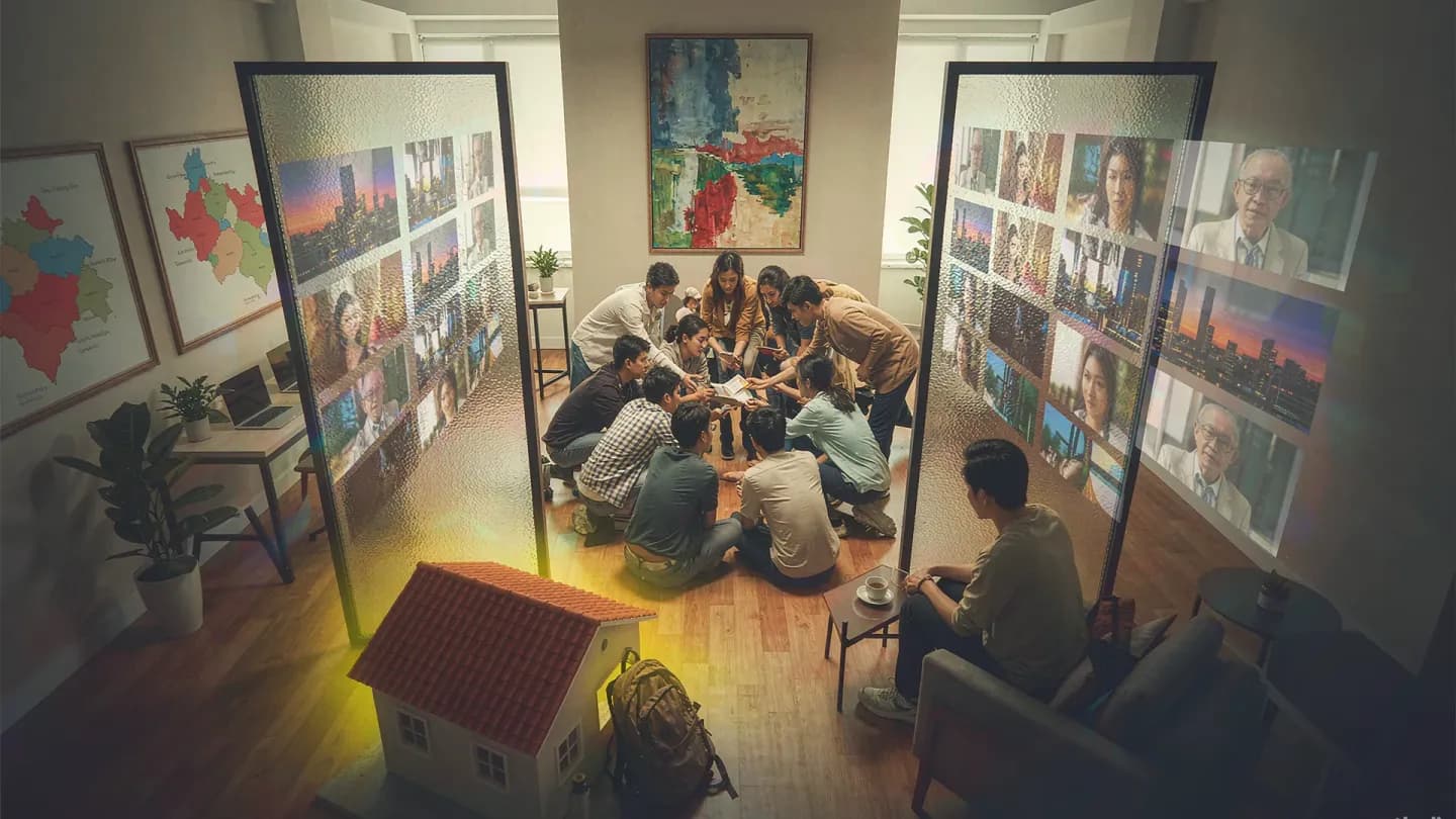 A creative team and client reviewing AI-generated video storyboards on glass screens in a bright war room