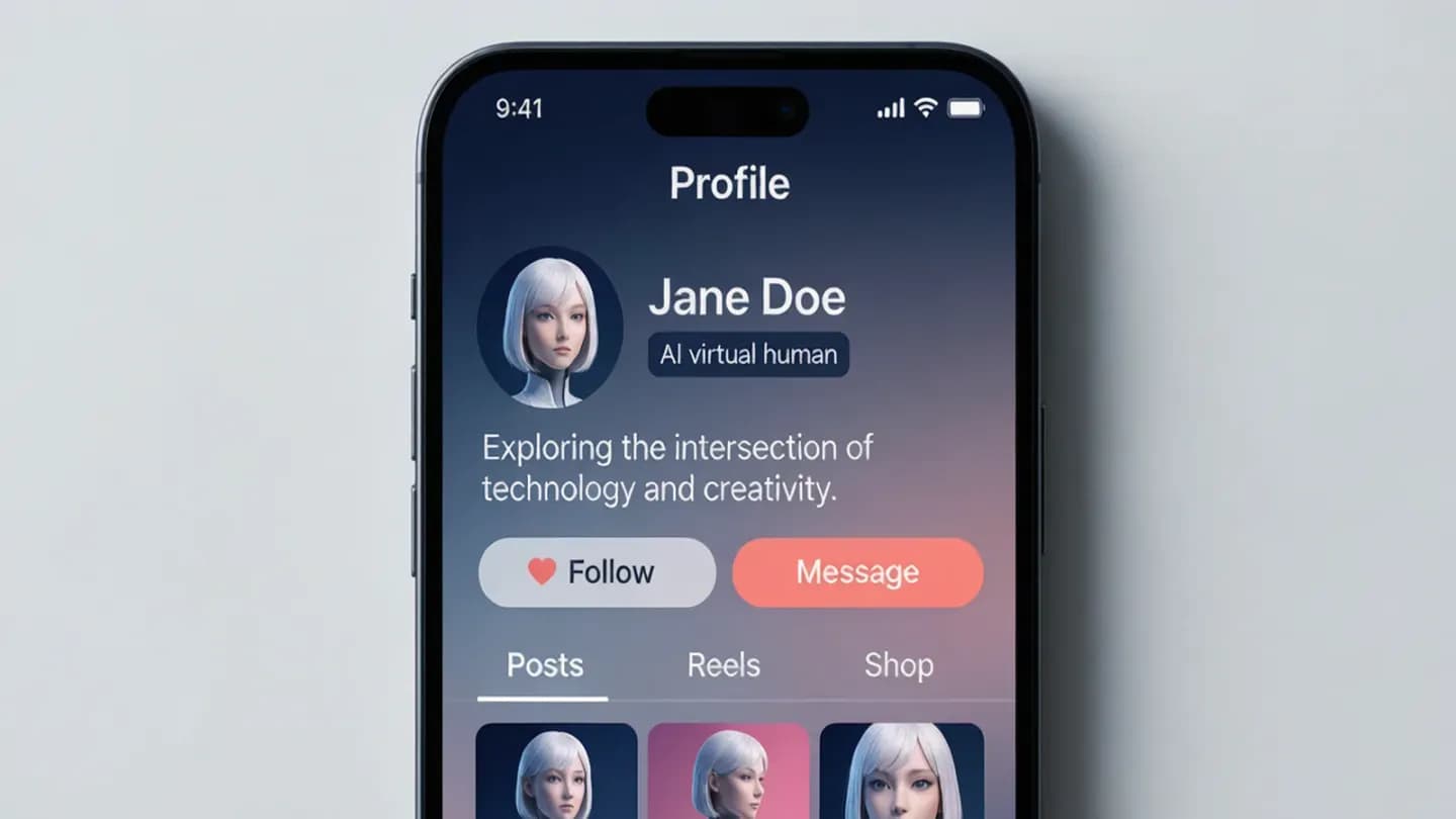 A phone showing a social profile with the AI virtual human tag enabled.