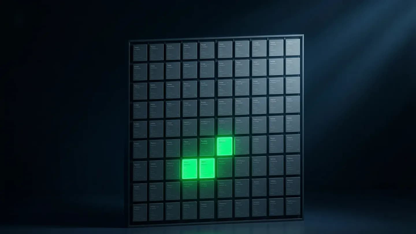 A grid wall of video thumbnails where only a few are highlighted green as shipped