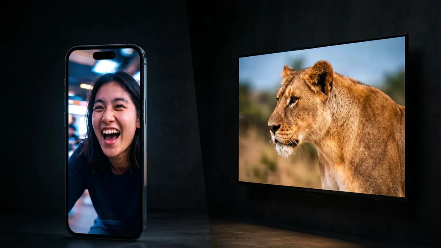 A smartphone showing social video beside a television showing connected TV, both lit with motion