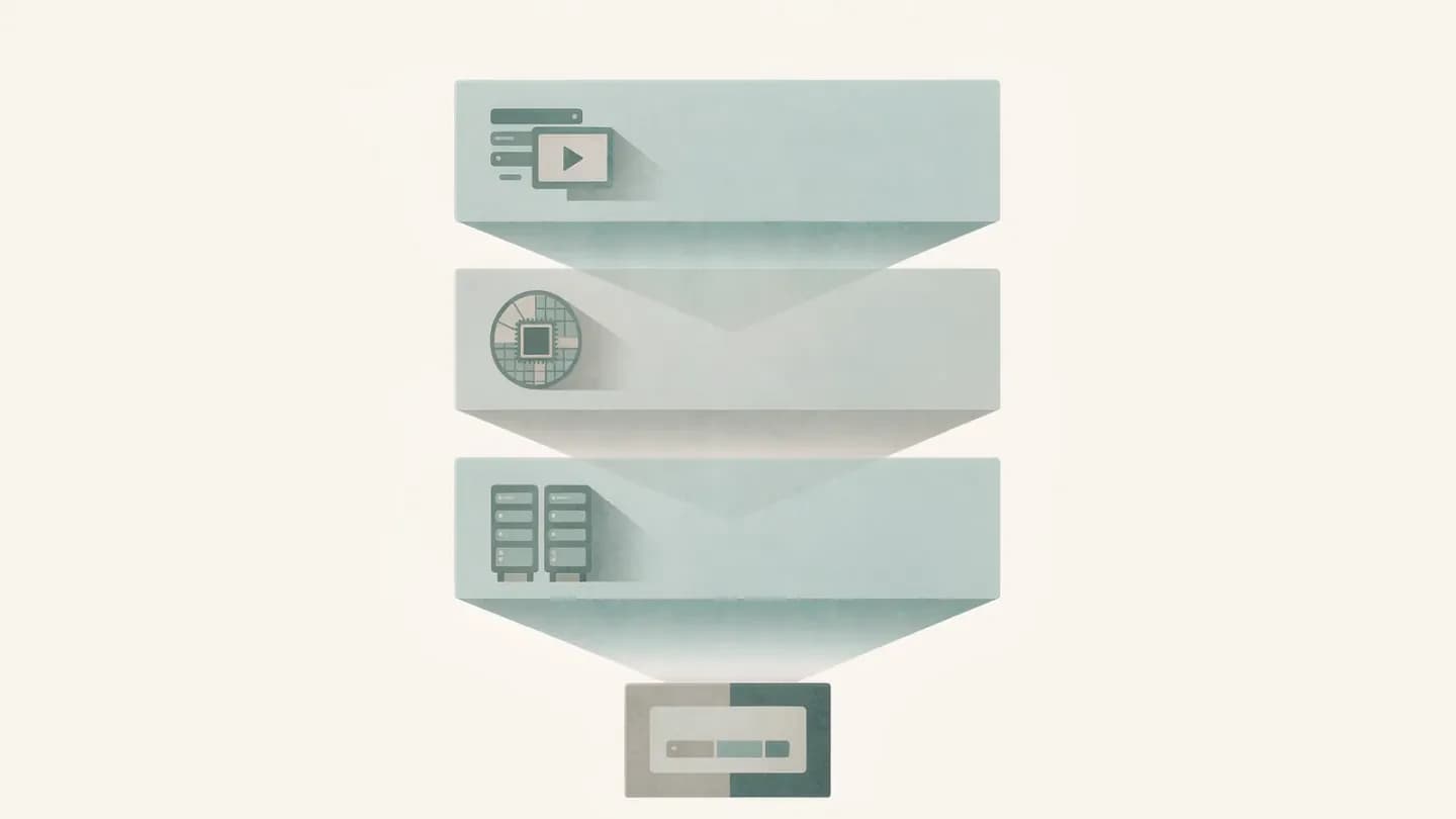 Layered diagram showing server racks, silicon wafers and video frames stacking into a single measured emissions block