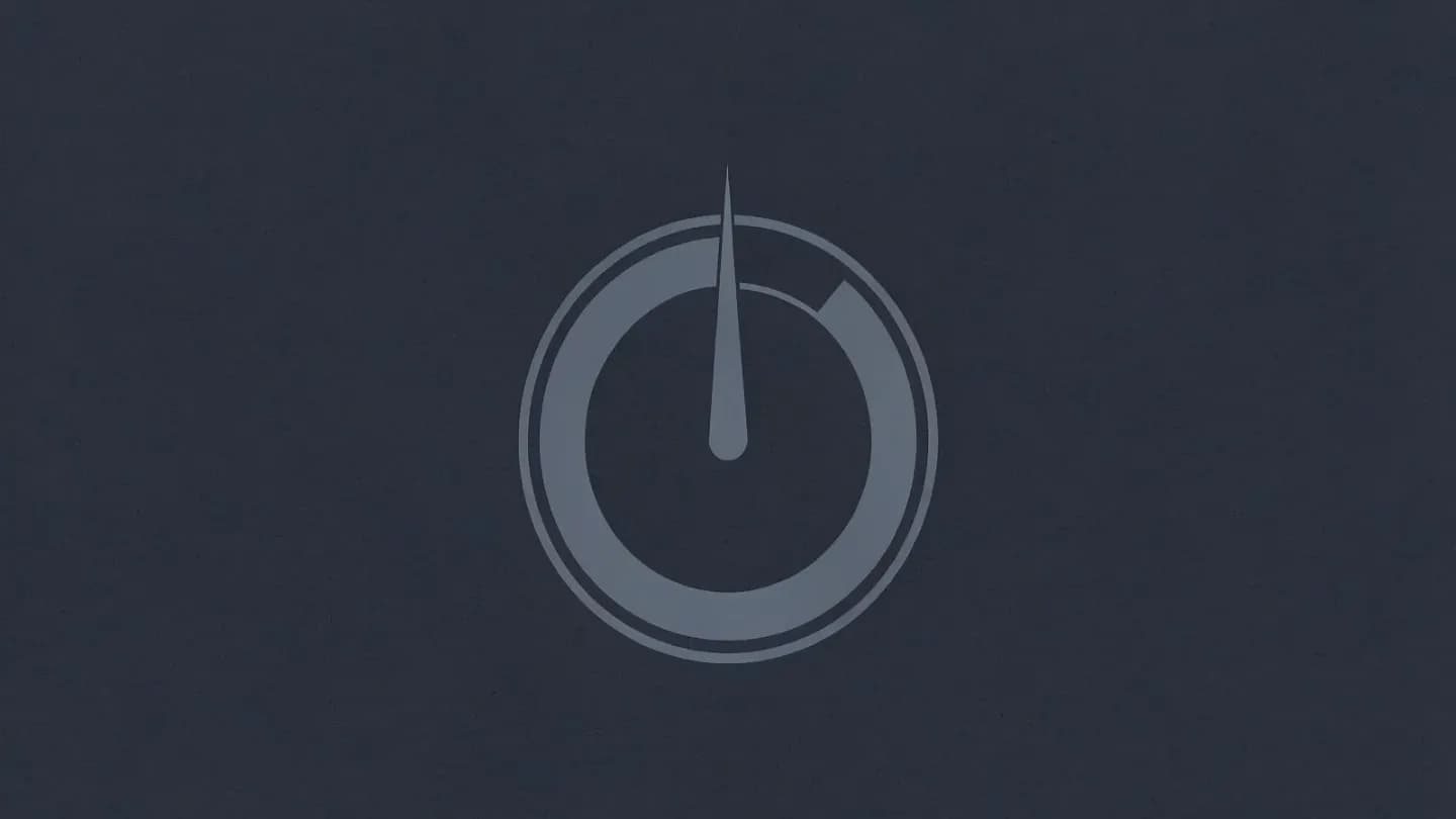 An abstract circular gauge with a needle on a muted navy field, representing a measured adherence score.