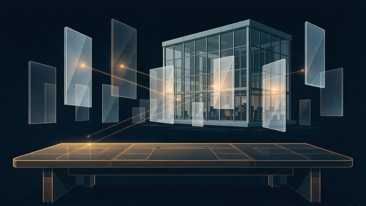 A boardroom table in amber light facing a glass-walled studio where some floating film panels glow and others stay dark, thin sightlines reaching only the lit ones
