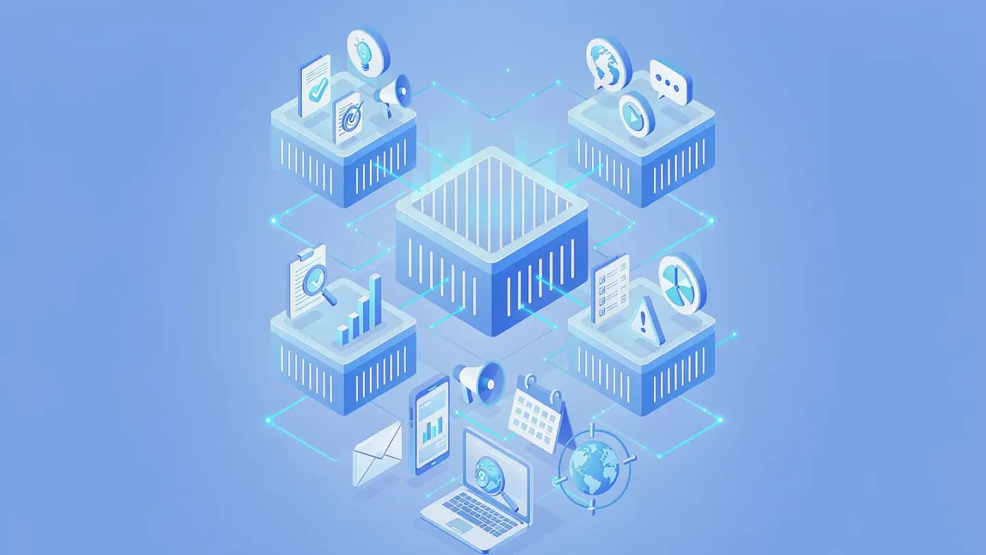 Diagram-style scene of AI-native agency workflows connecting generation, localization and QA