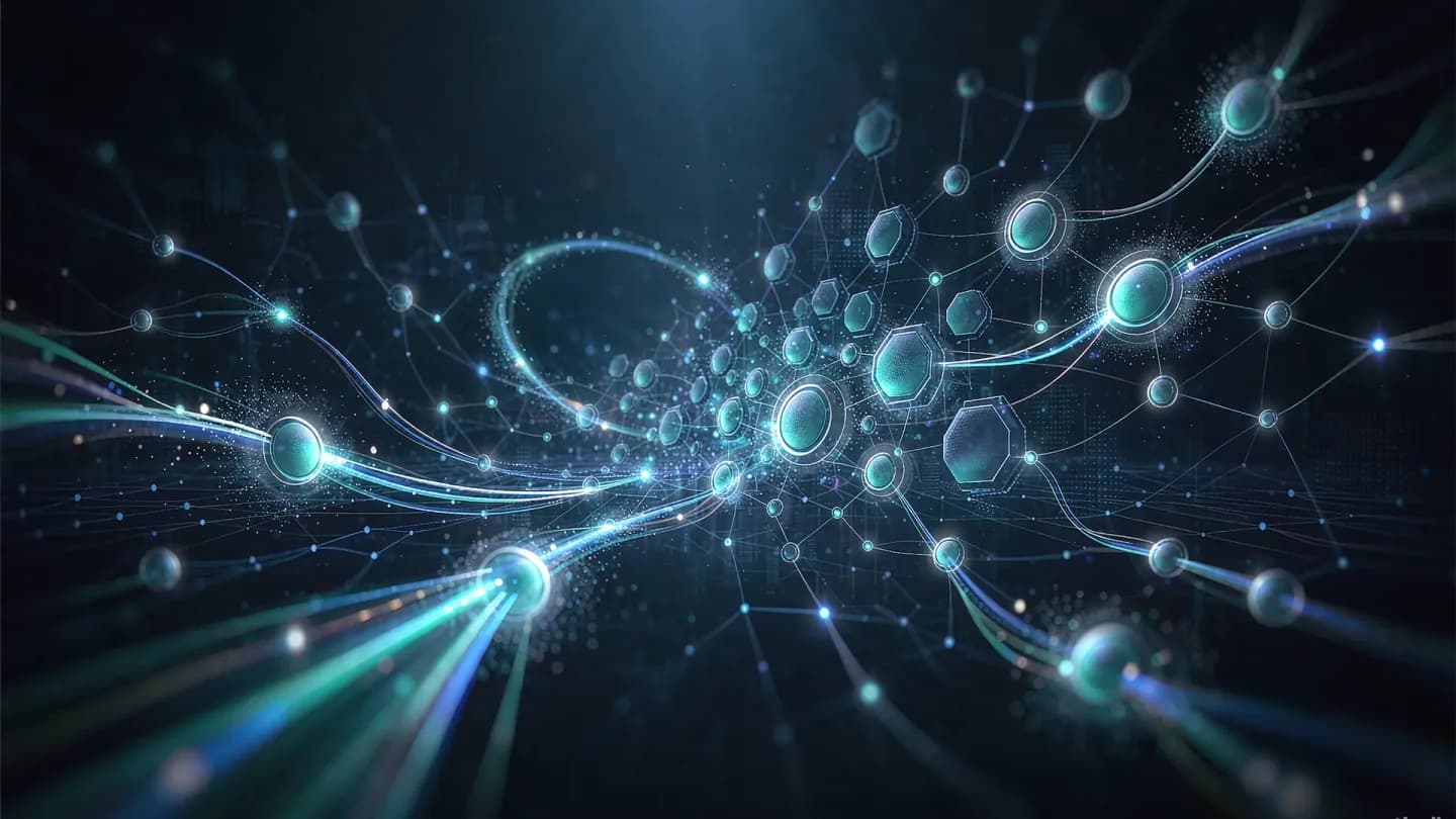 Abstract network of glowing nodes representing agentic AI marketing workflows connected by data lines