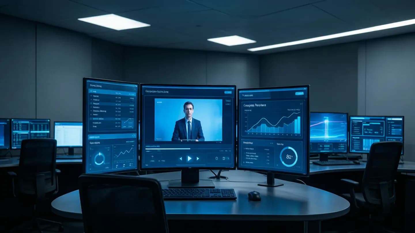 A media-buying control room where agentic AI dashboards plan and optimize video campaigns across screens.