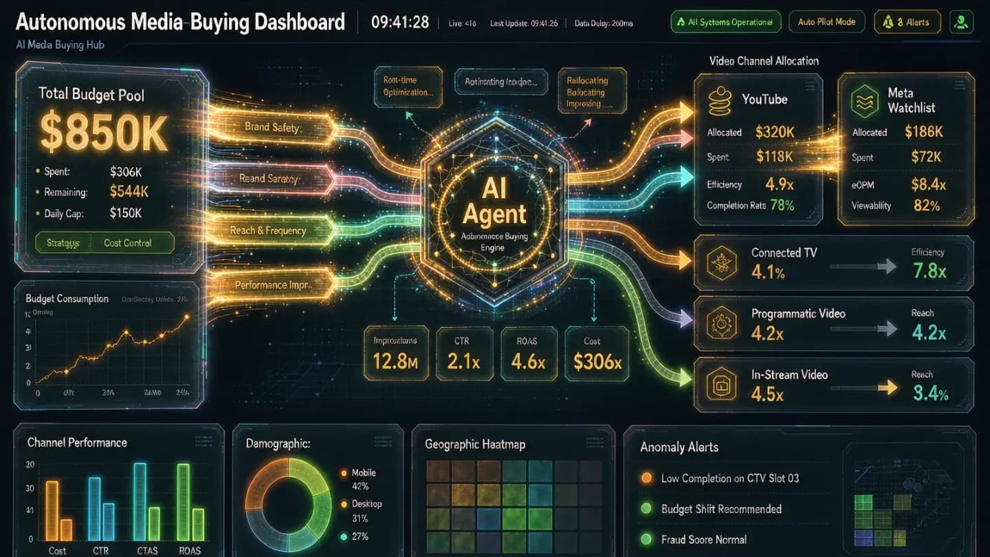 AI agent reallocating video ad budget across channels on a dashboard