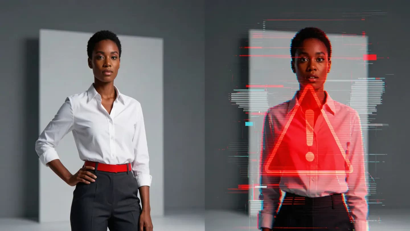 A polished brand video beside a glitching synthetic ad with a warning overlay