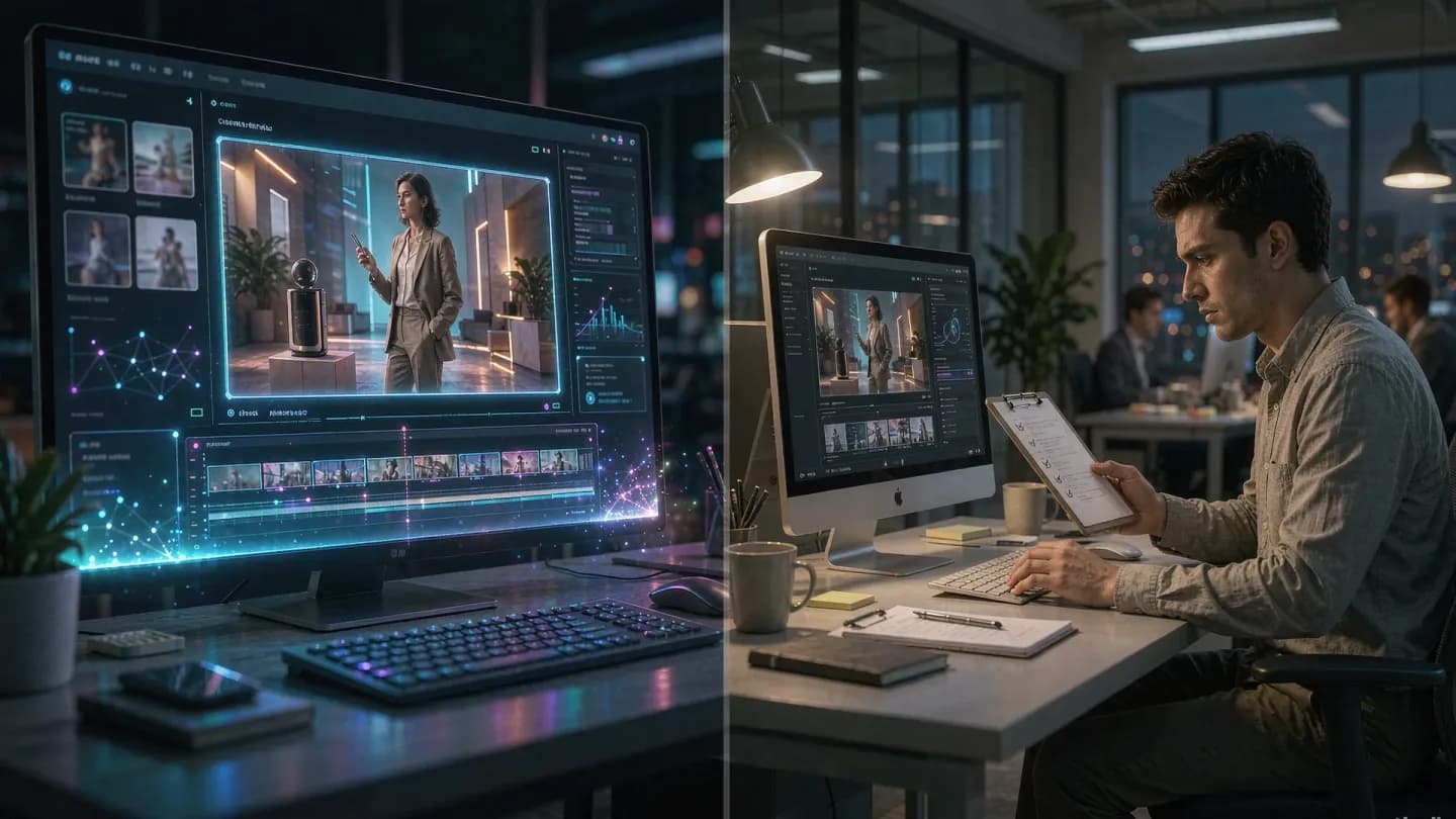 An ad platform auto-generating a video ad on one side and a human reviewer with a checklist on the other, representing the oversight gap.