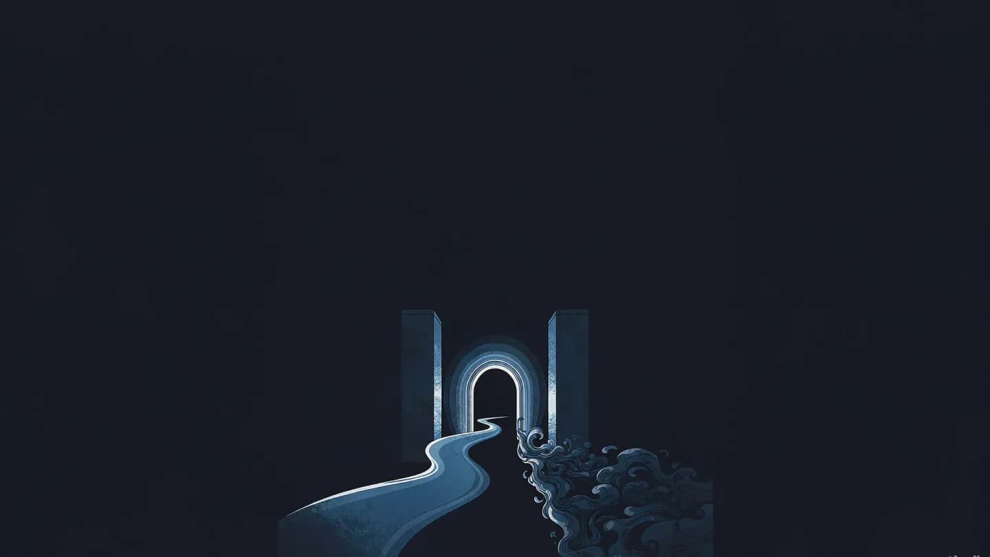A glowing gate divides a dark navy field into a clean luminous path and a path dissolving into static haze