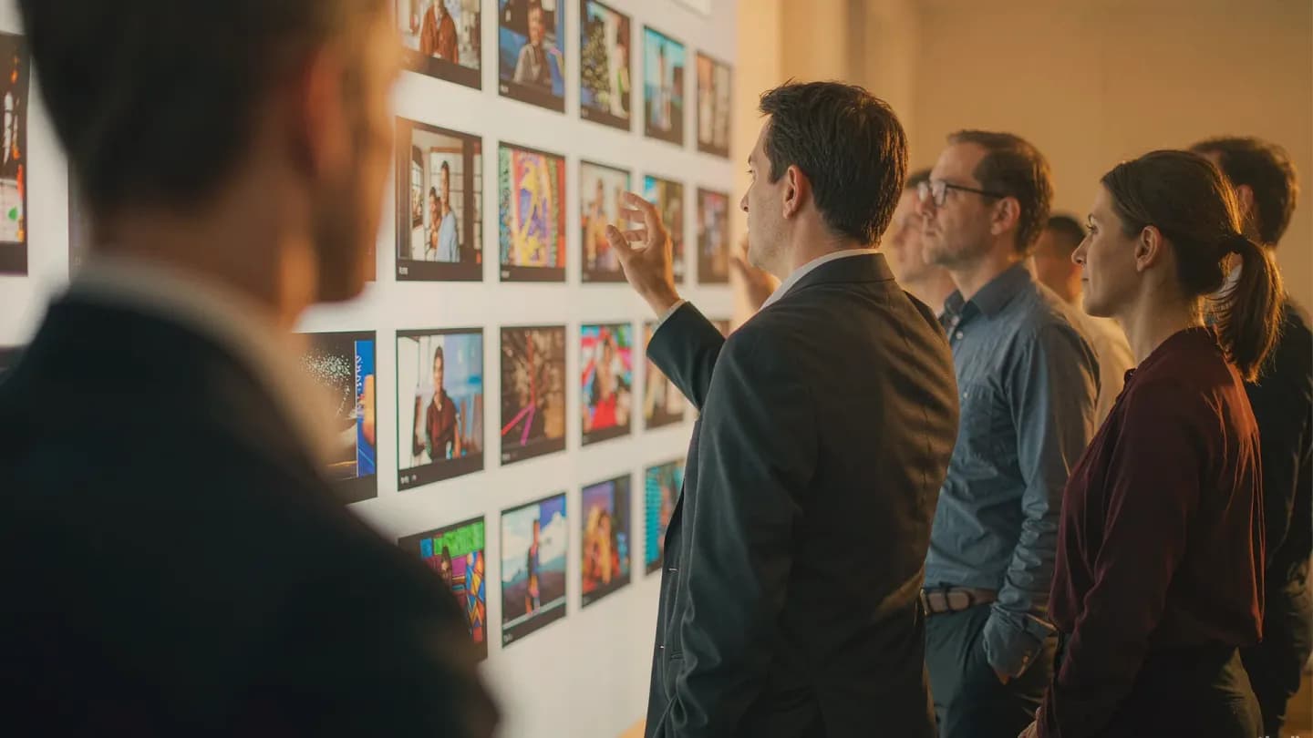 A marketing team reviewing a wall of AI-generated video thumbnails on screens.