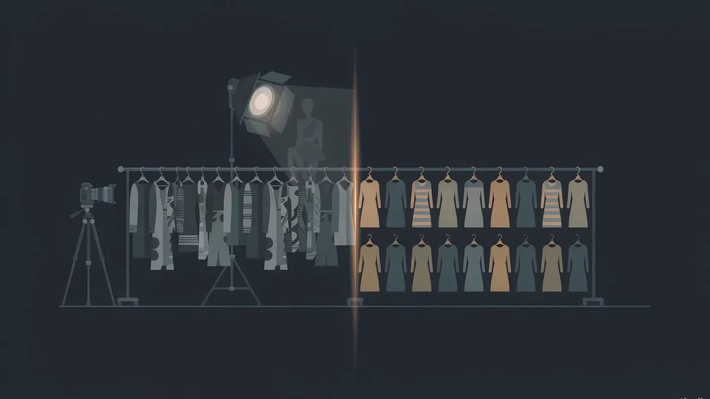 A photo studio set with camera and lights on the left dissolves into a grid of identical glowing garment silhouettes on the right across a dark navy field.
