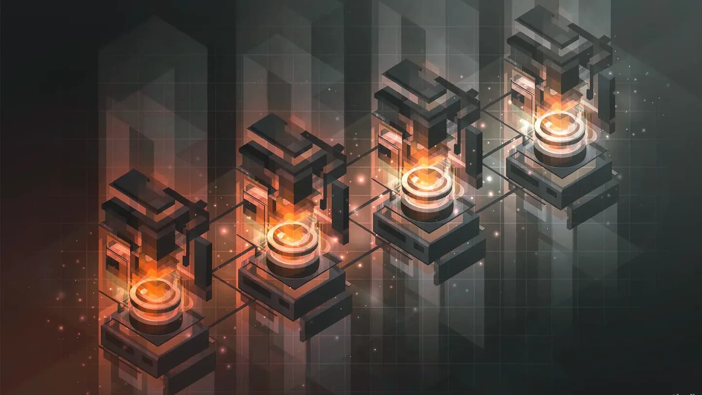 Four connected nodes representing the advertising production supply chain, rendered as an abstract vector diagram in amber and slate.