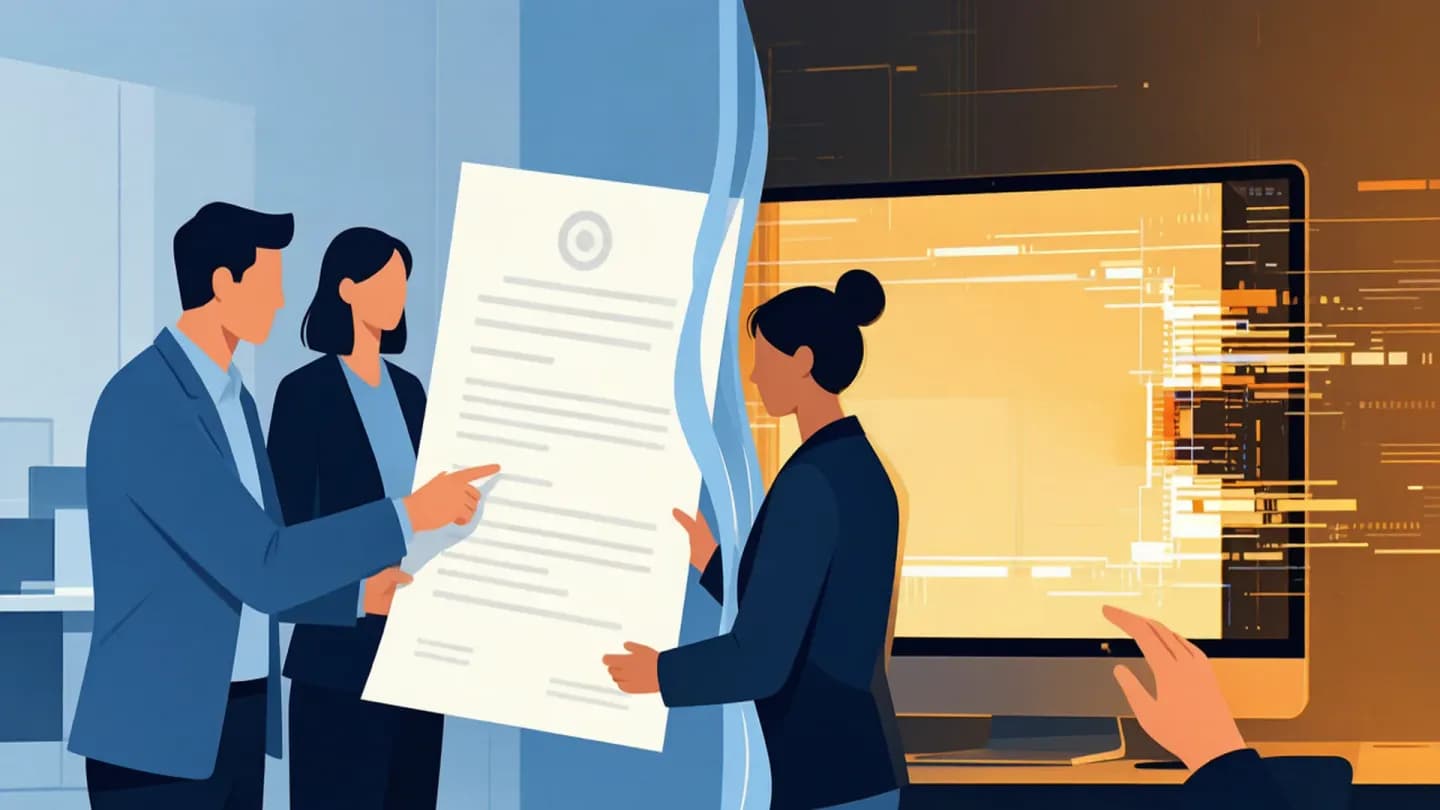 A marketing team reviewing an insurance policy next to a glitching AI-generated video frame.