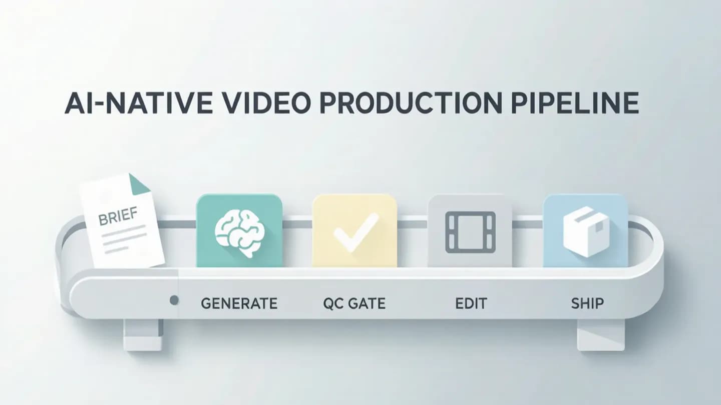 Flat vector illustration of an AI-native video production pipeline with brief, generate, QC, edit and ship stages connected in a loop