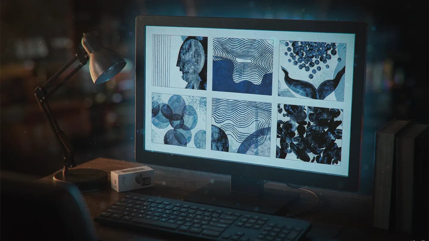 A night-lit desk with a monitor showing a six-frame storyboard beside a plain product prop.