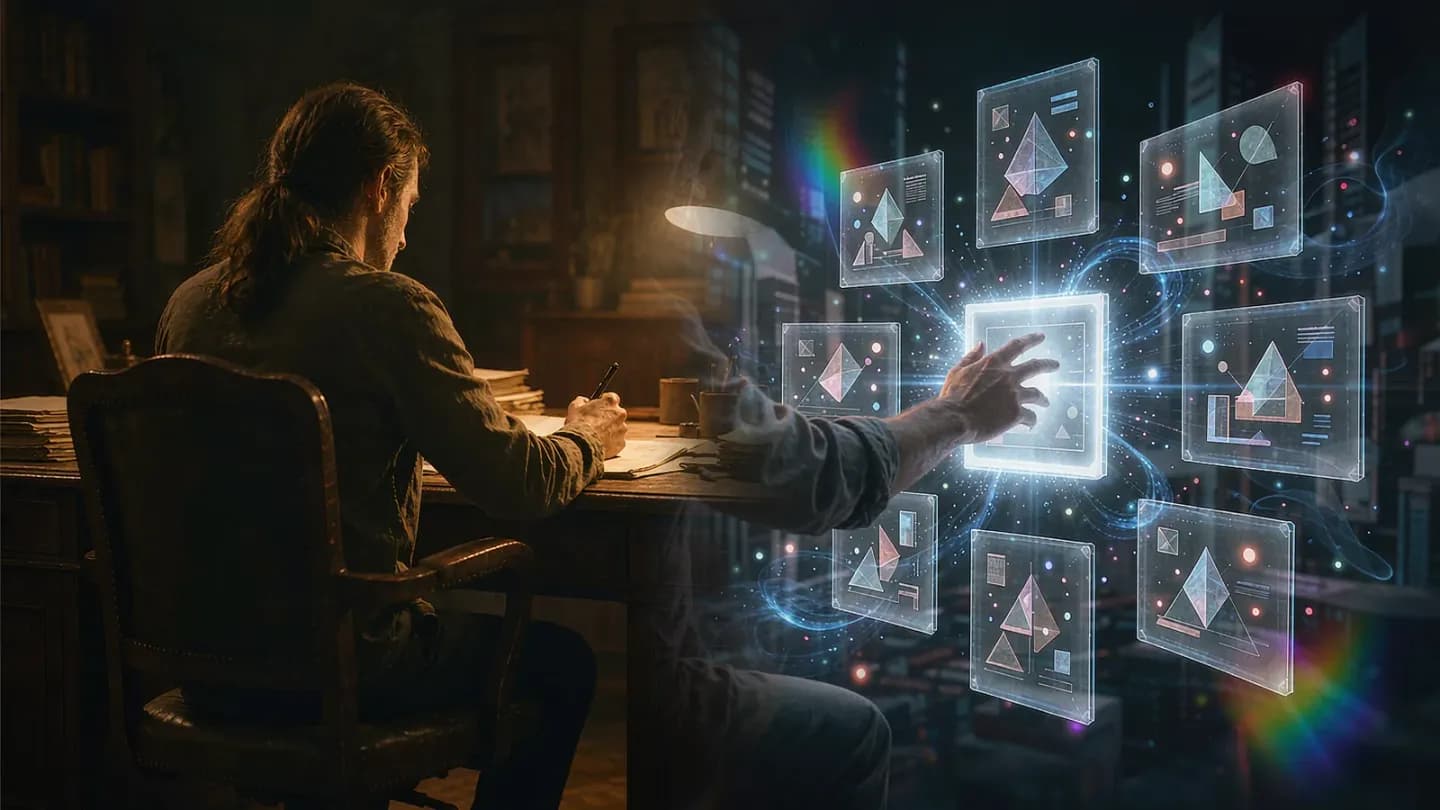 Split-screen comparing a traditional storyboard artist with an AI interface generating many concepts