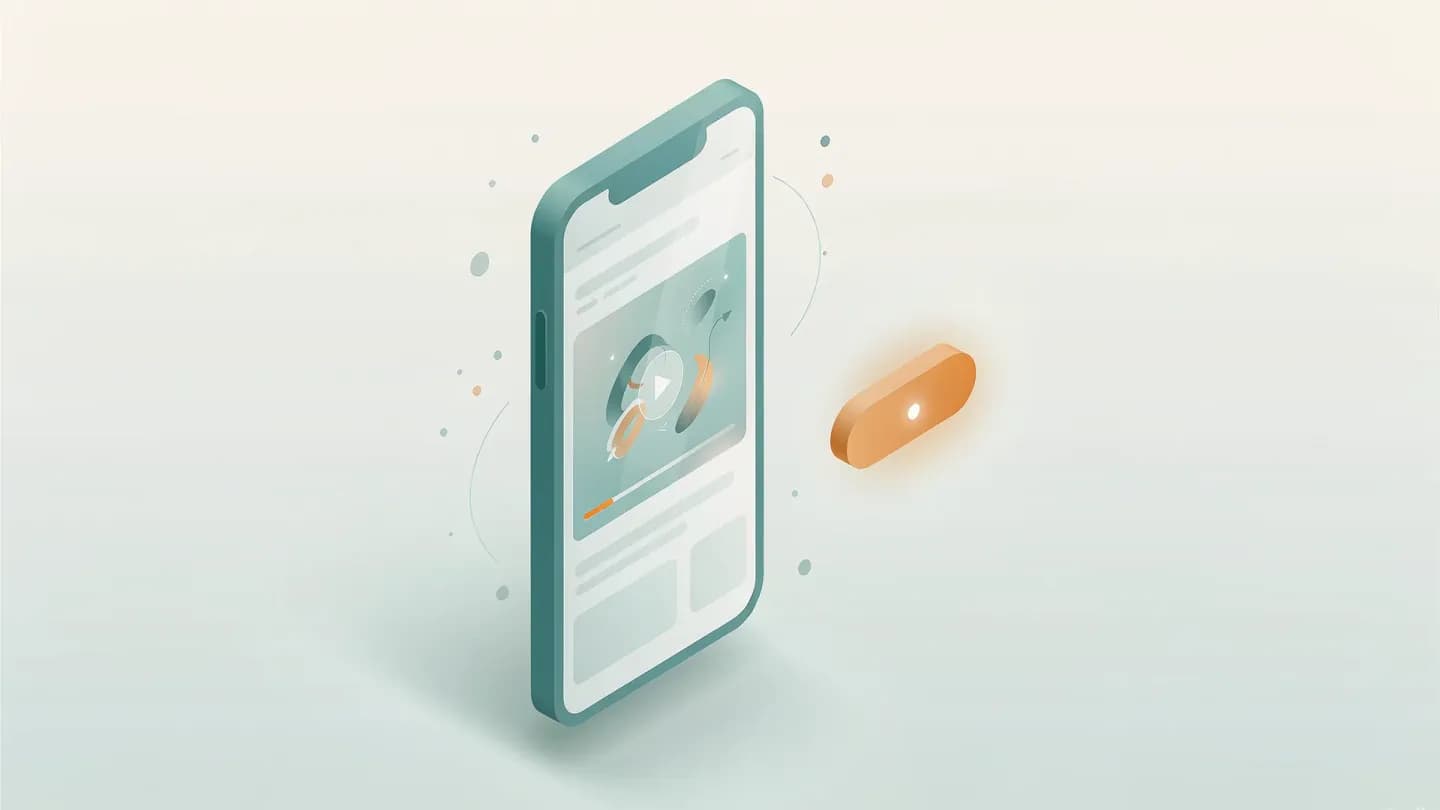 Isometric illustration of a product page on a phone with a video clip and a tap-to-buy button