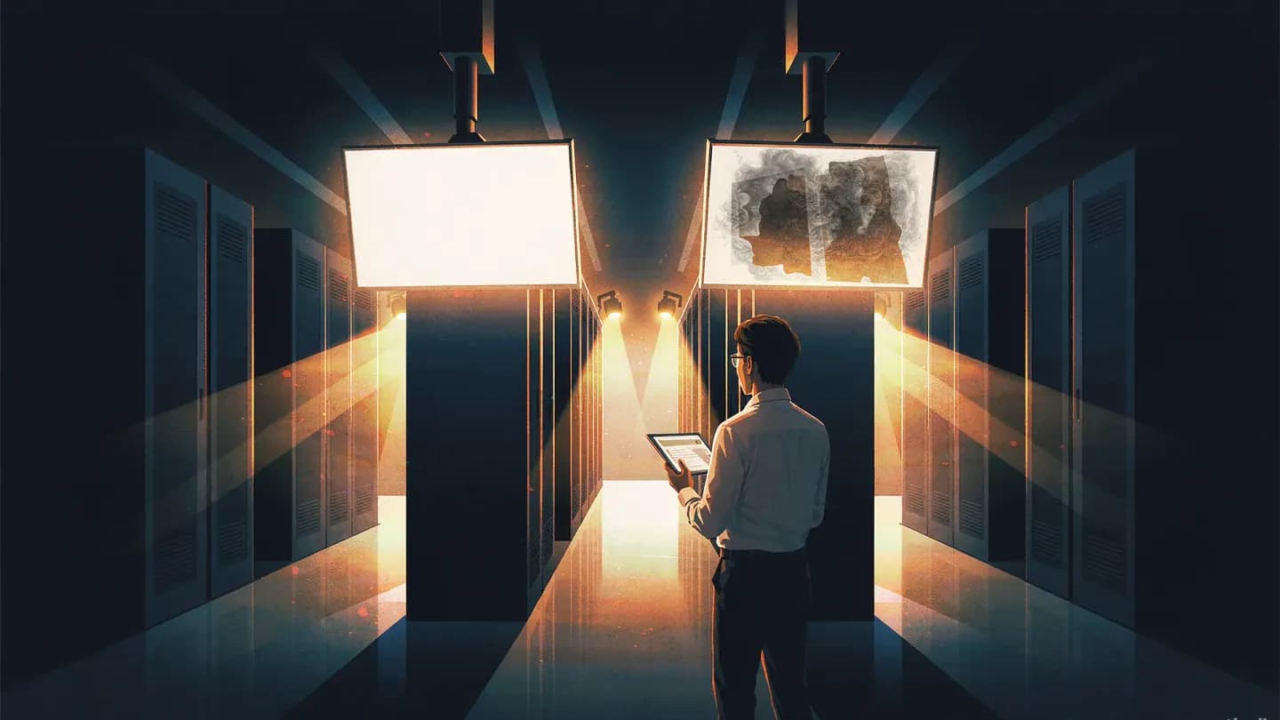 Two identical video screens in a dark data centre aisle, one glowing cleanly and the other leaking static mist, compared by a silhouetted analyst