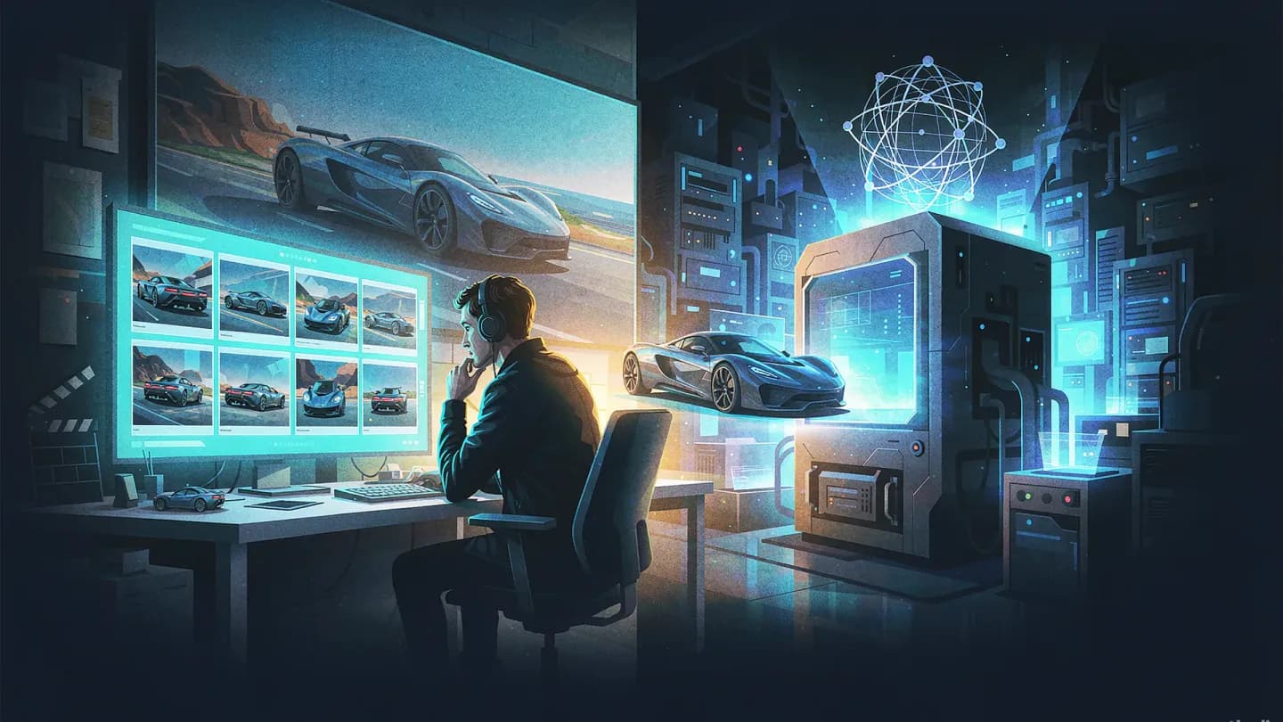 A production studio where a creative director reviews AI storyboards while automated systems generate video variants