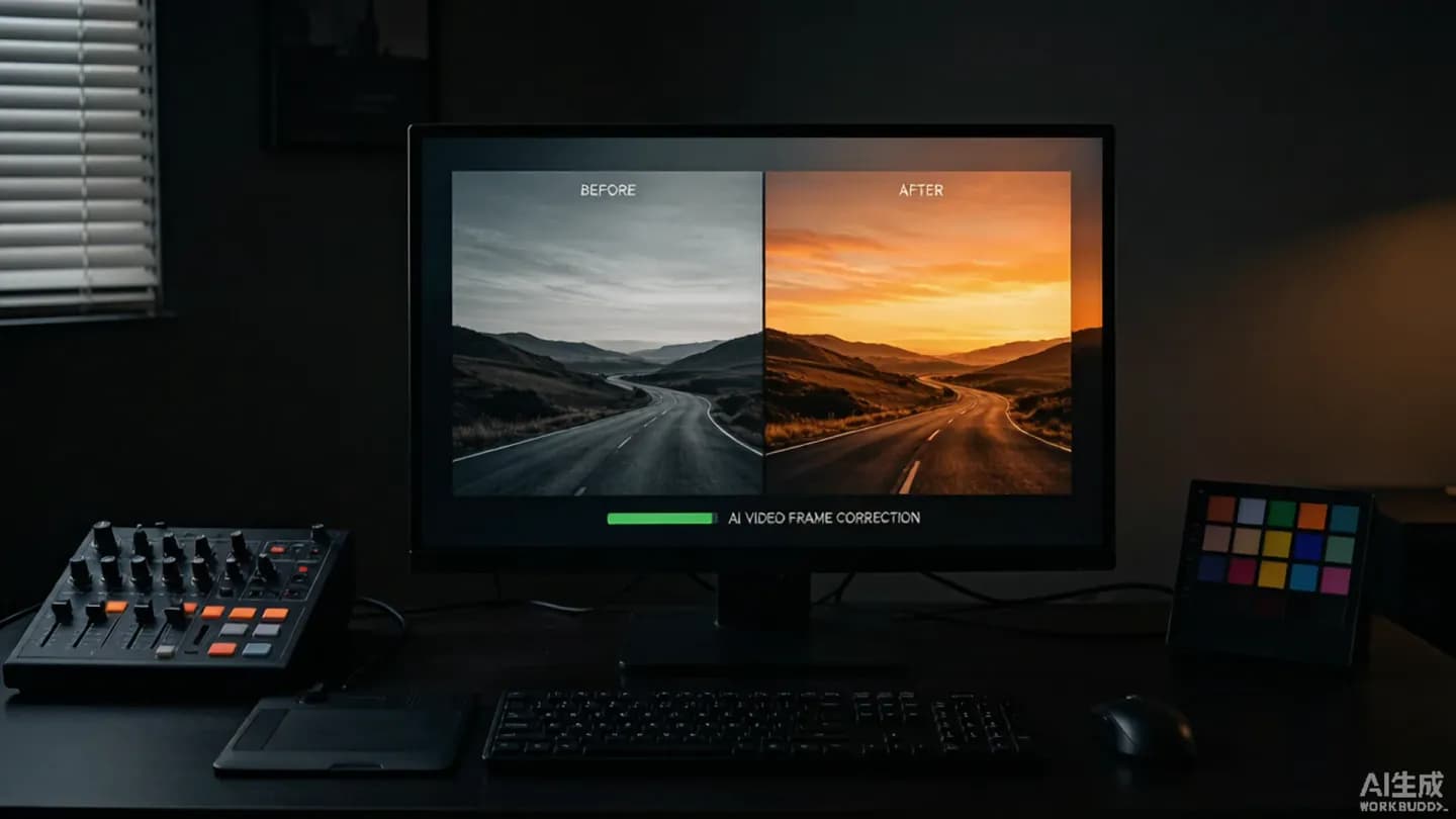 A color grading monitor displaying a before-and-after AI video frame correction in a dim post-production studio