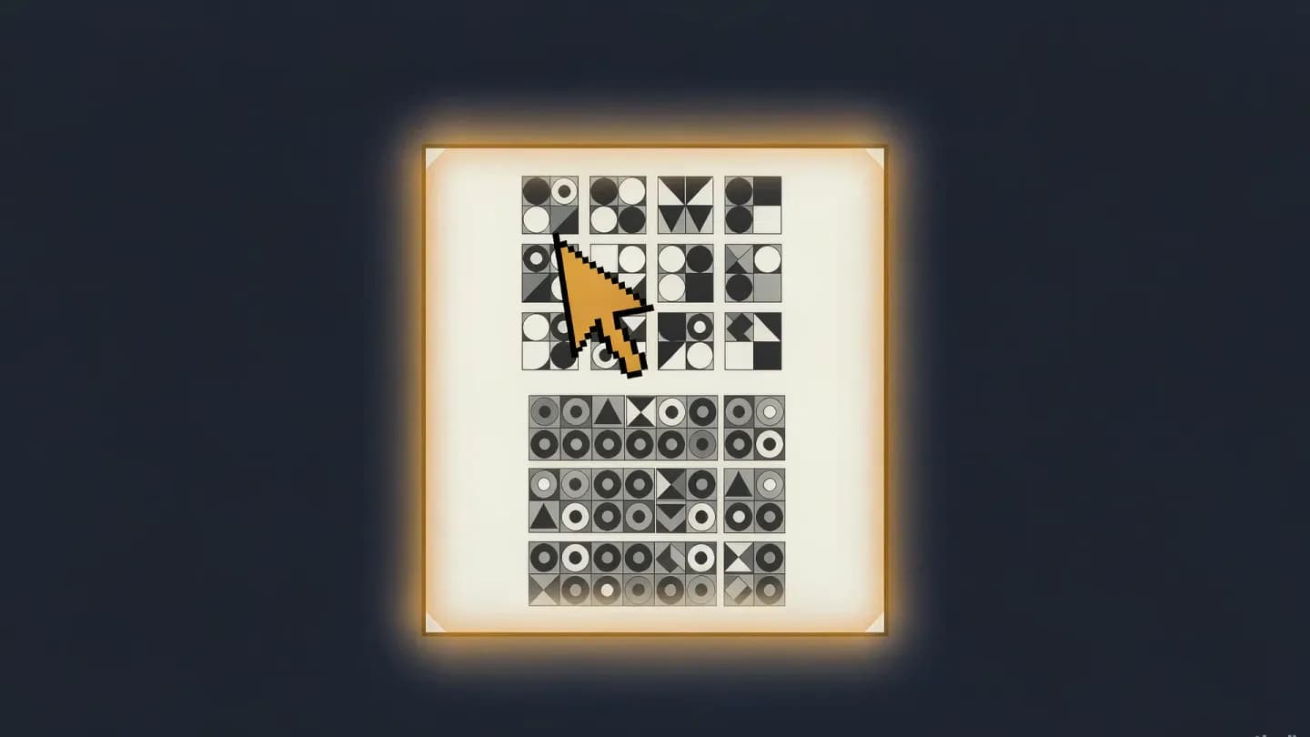 Editorial illustration: a video frame assembled from crisp geometric code blocks with an amber cursor selecting one block and a live-render glow, on a dark navy field