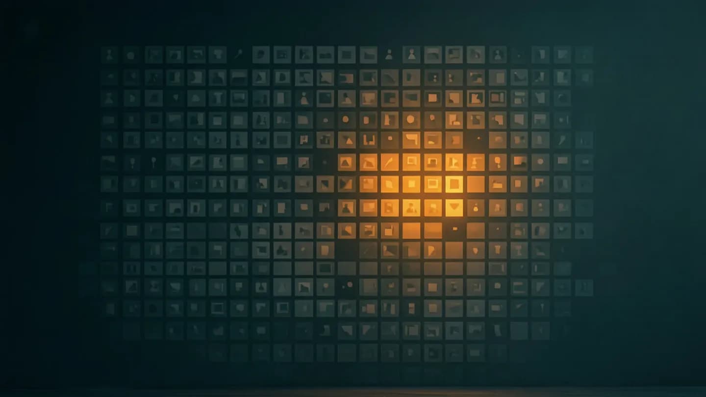 A grid of small video thumbnails on a dark wall with a few highlighted in amber and the rest faded to grey
